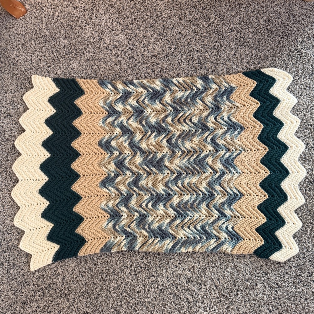 Handmade Crochet Chevron Ripple Baby Blanket Earthy Green Tan Blue 24x35